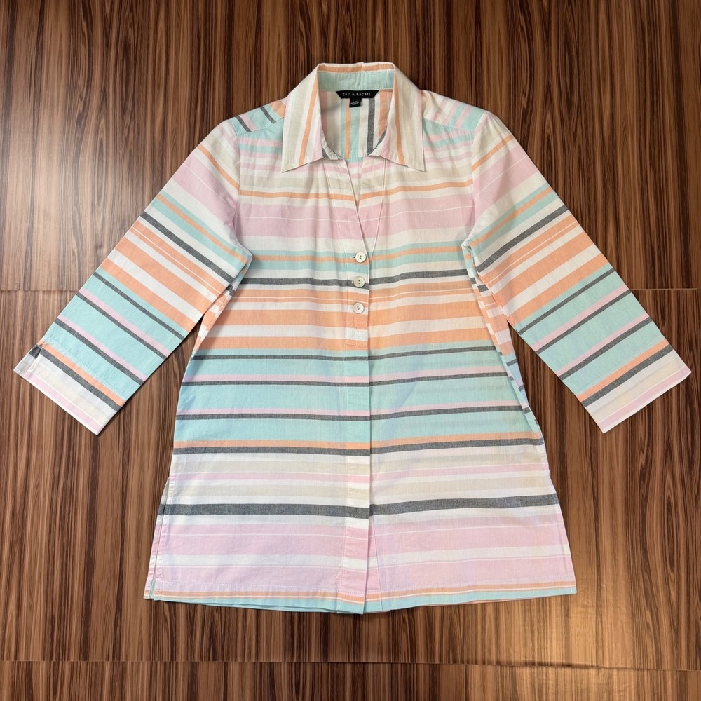 Zac & Rachel Striped Tunic Top Size Small Button Back Coastal Grandmother Preppy